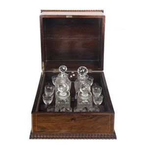 An antique liqueur set rosewood box with sting inlay, includes…