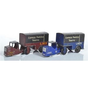 Two Dinky pre-war 33R Railway mechanical horse and trailer Vans,…