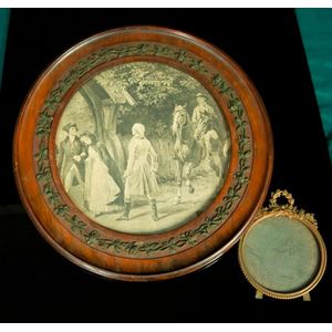 Two various early picture frames. Circular carved wooden frame;…