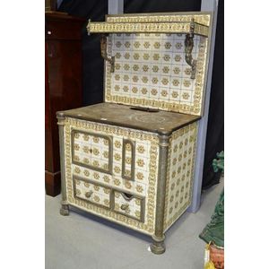 Antique all over tiled nickel plated bronze wood stove, with…