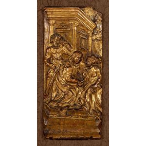 Two carved gilt-gesso panels of the Virgin and Joseph, Mary and…