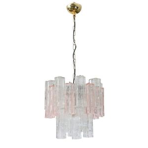 Tronchi chandelier; pink and clear glass droplets; metal frame;…