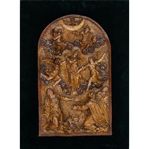 A gilt-gesso and carved wood arched panel of the Assumption of…