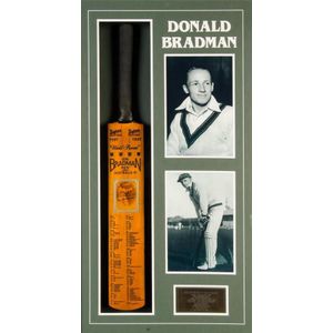 Don Bradman, signature on card affixed to full size replica…