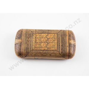 19th century straw work cigarette box with ornate parquetry and…