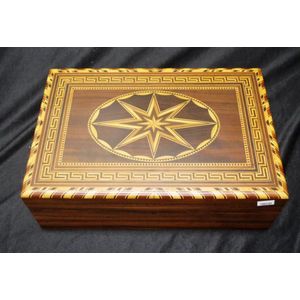 Good hand made wooden sewing box, inset wood decoration to lid,…