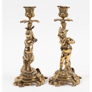 Two Antique French 18th Century Ormolu Bronze Candle Holders