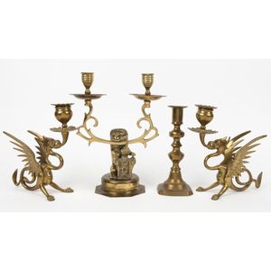 Altar candlestick, late 19th c., brass. Four-piece ornam…