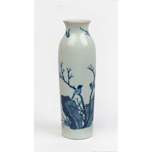 A Chinese cylindrical blue and white porcelain vase decorated…