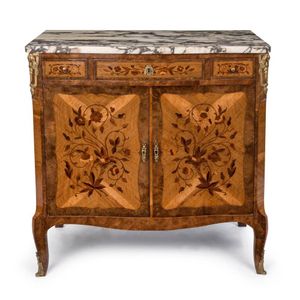 A pair of reproduction Louis XV style oval marquetry inlaid bedside chests,  width 47cm, depth 36cm