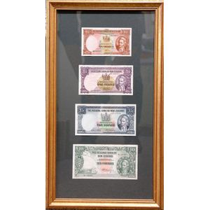 A set of four framed Reserve Bank of N.Z. Fleming banknotes,…