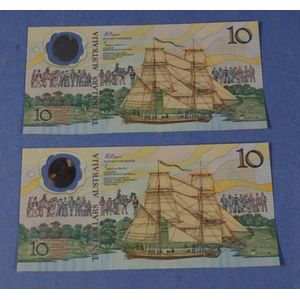 Two Australian 1988 $10 bank notes, serial numbers AB 11941891…