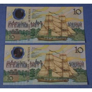 Two Australian 1988 $10 bank notes, serial numbers AB 33941457…
