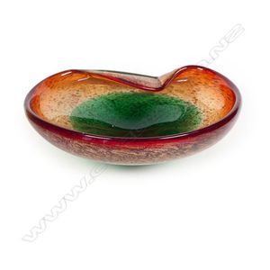 A vintage Murano art glass dish, green and red tones with…