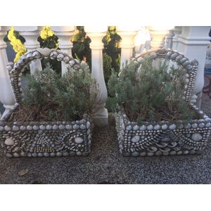 Pair of old French shell encrusted planters, with arched backs…