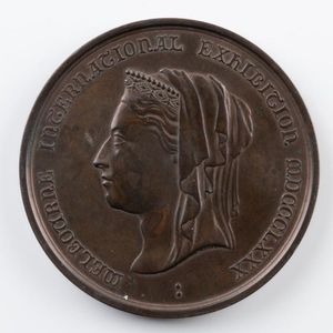 Bronze medal (76 mm), Queen Victoria veiled bust left by Stokes;…