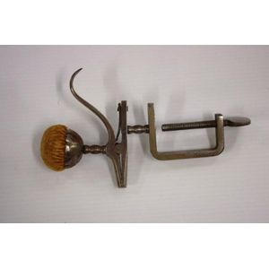 Antique German steel 'third hand' sewing clamp, with pin…