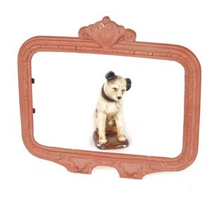 An old cast alloy frame and painted plaster HMV dog, the frame…