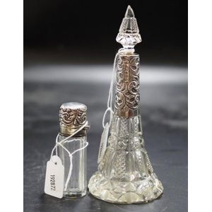 Antique Victorian Sterling Silver & Guilloche Enamel Cut Crystal Perfume Bottle sale - Scent Bottle - Victorian Miniature Perfume Bottle