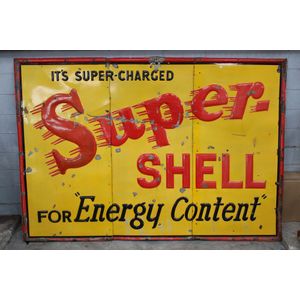 Rare 3 piece enamel & embossed shell sign, It's Super-Charged…