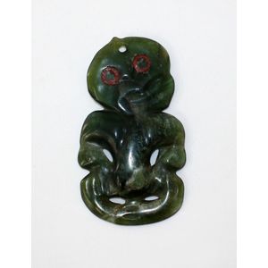 Pounamu hei tiki, translucent tangiwai (bowenite) presented in…