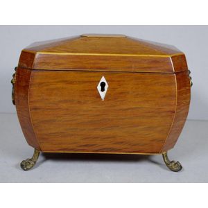 Regency casuarina caddy with complicated angled bombe shape,…