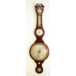 George III mahogany Banjo barometer with satinwood stringing,…
