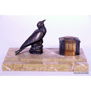 An Art Deco spelter and marble ink well, circa 1930, a small…