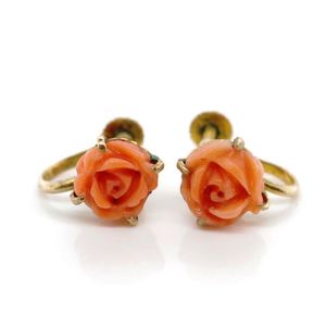 14k Gold and Carved Coral Rose Earrings with Screw Backs - Earrings ...