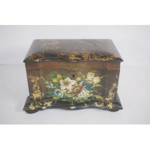 Victorian lacquer tea caddy hand painted blossom decorated,…