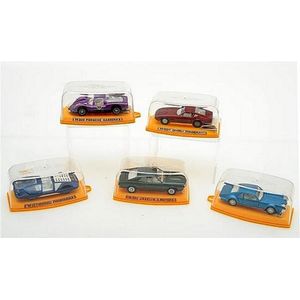 Five Pilen S.A (Spain) models in display cases, including 323…