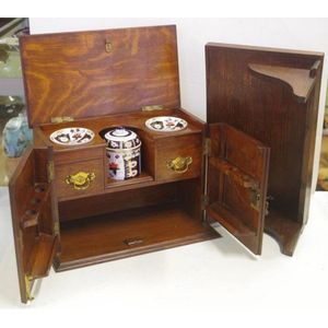 Vintage oak mounted or table top tobacco cabinet, with 2…