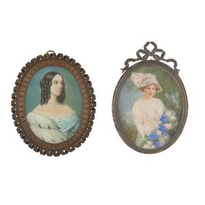 Two portrait miniatures in decorative brass frames, both…