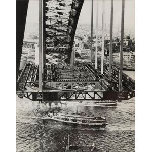 Pair of old photos representing hot a bridge over a river - In oval brass frames and under glass