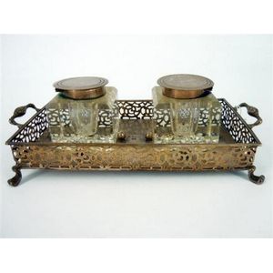 A late Victorian silver ink stand, rectangular, pierced border…