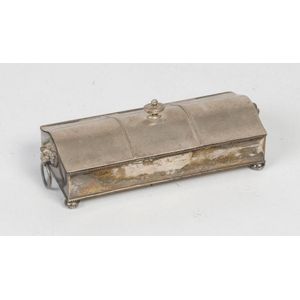 A silver plated inkstand with fitted interior and lion mask…