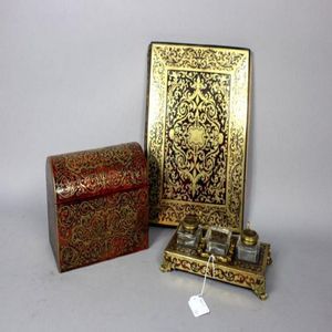 A 19th century boulle work desk set, comprising dome topped…