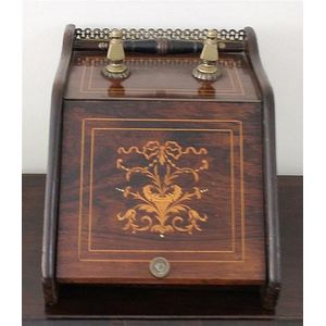 A late Victorian rosewood and marquetry coal box with brass…