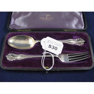 Cased antique sterling silver child's spoon and fork, Sheffield…