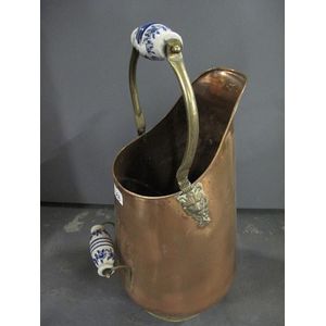 Copper Coal Scuttle With Blue And White Porcelain Handles 60 Cm