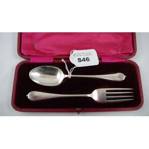 Antique child's fork and spoon sterling silver christening set,…