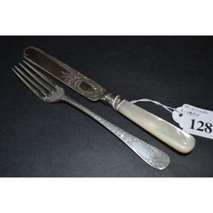 Sterling silver child's fork and knife, mother of pearl handles,…