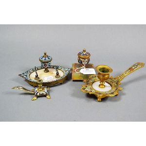 Two French champleve enamel ink stands and two antique French…