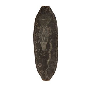 Port Keats bark painting - flying fox, man & snake, Remnants of…
