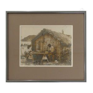 A vintage silver gelatin photograph, 'Maori Carvers at Mourea,…