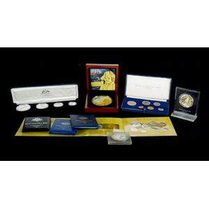 Various Australian coin sets. 5oz silver proof coin, 'Mutiny on…