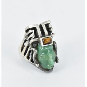 A Mexican silver and amazonite figural ring, with tiger eye…