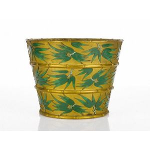 Champleve enamelled and brass jardiniere, with bamboo border…