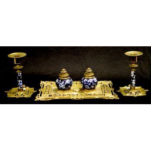 Vintage ceramic & brass desk standish including pair ceramic…