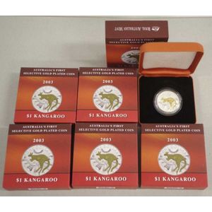 Six 2003 Australian $1 kangaroo sliver coins with gold plated…